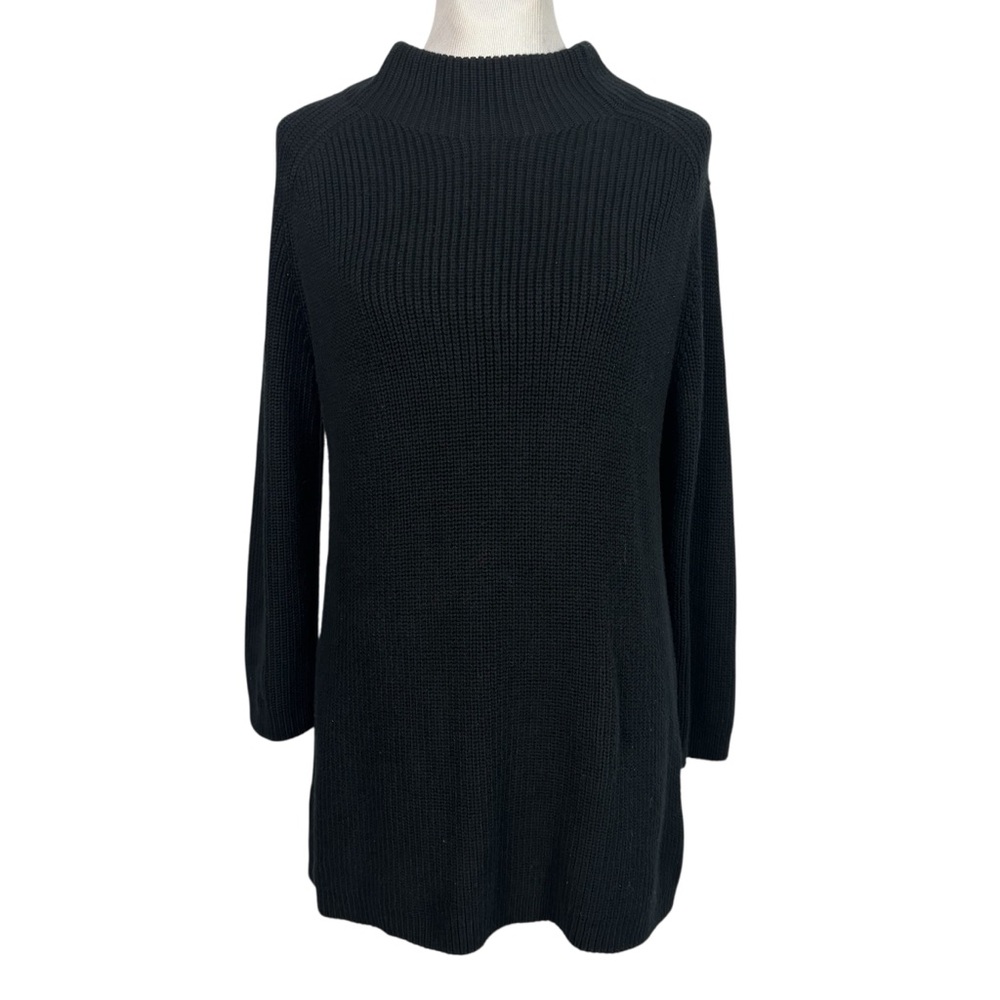 Pura Cashmere Women's Sweater Black Mock Neck Long Sleeve Ribbed Knit Size M